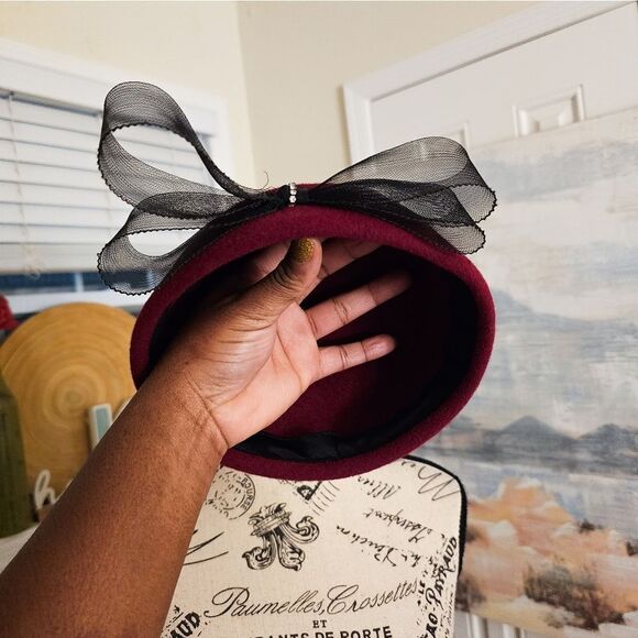 VTG Retro Wool Felt Mesh Bow Accent Pillbox Stylish Beret Hat. - Picture 5 of 15